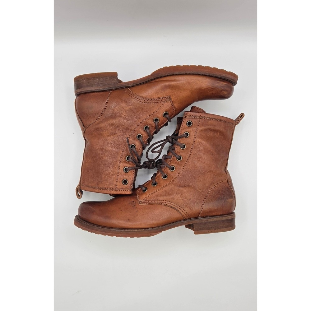Frye Veronica Women's Combat Boots 8 B Cognac Brown Leather Lace Up Goodyear - Picture 4 of 16